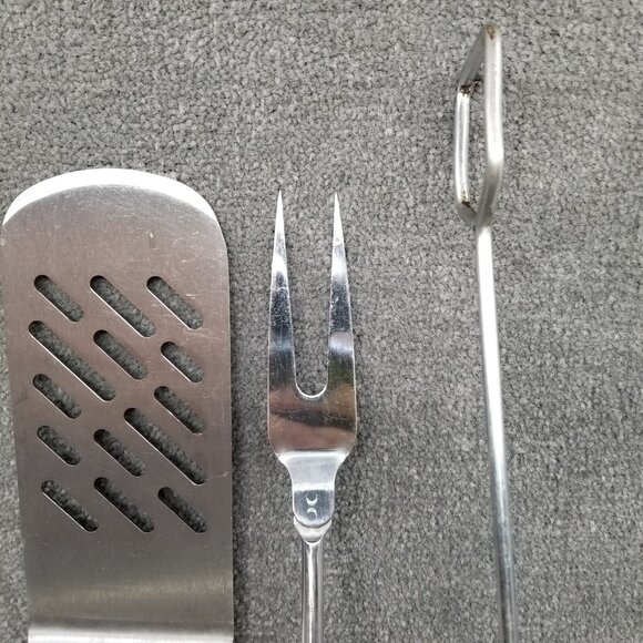 BBQ Grilling Tool Set of LOT 4 Metal Spatula Wood Handle Tongs 2 Tine Long Forks - Picture 3 of 16